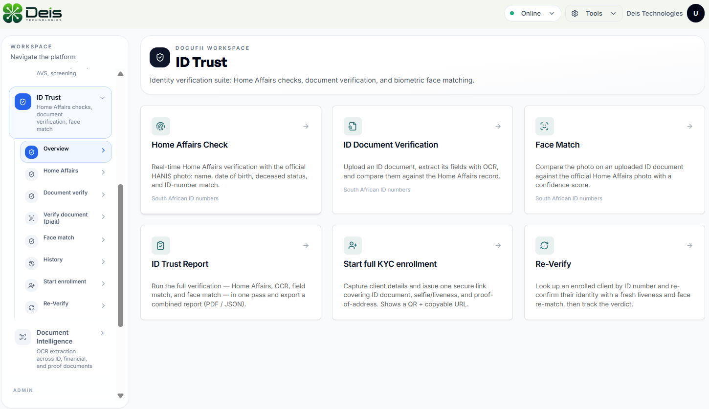 DocuFii identity trust suite showing Home Affairs checks, document verification and face match
