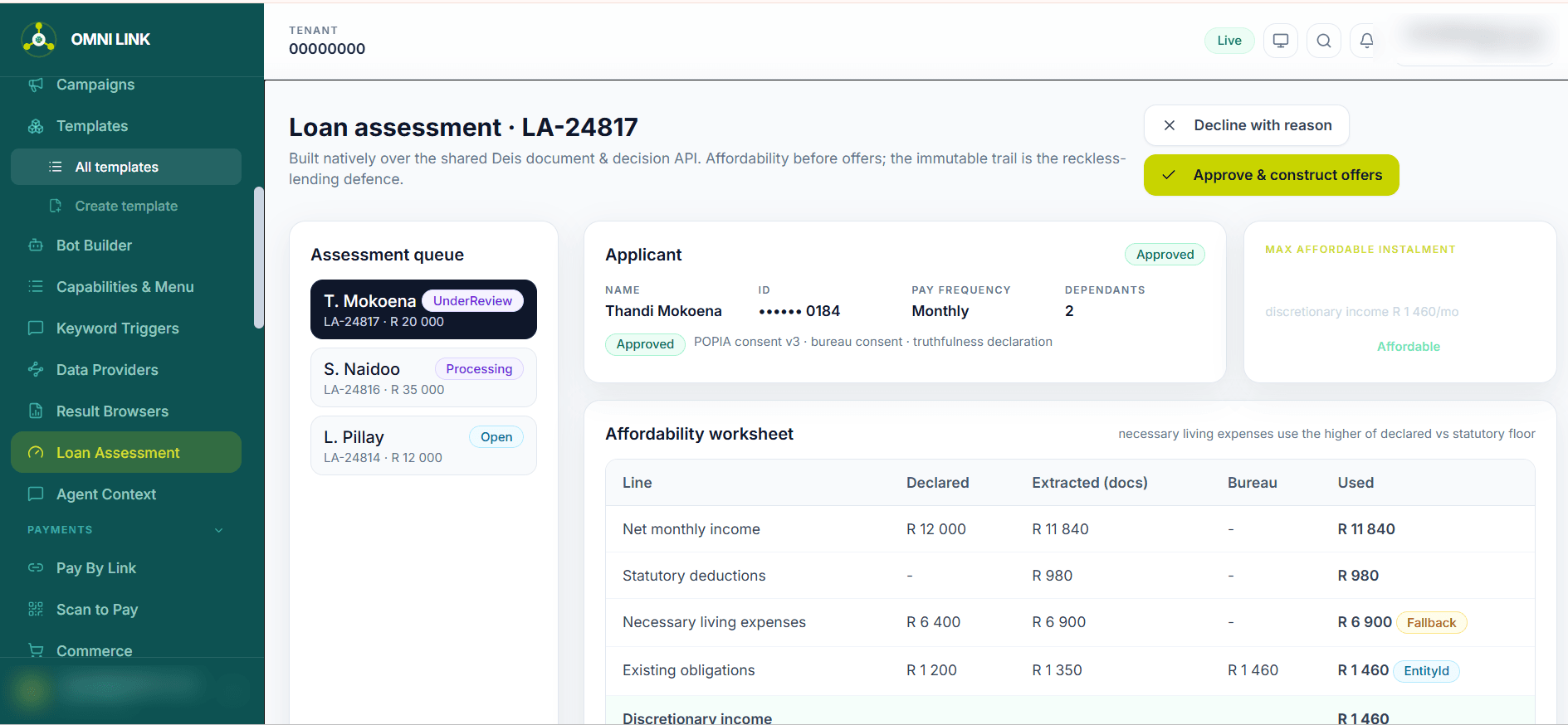 OmniLink loan assessment view showing an affordability worksheet